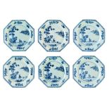 Set of six Chinese export octagonal plates, each having blue and white painted decoration in the