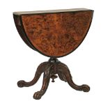 Victorian figured walnut two flap oval Sutherland tea table having a burr walnut and ebonised