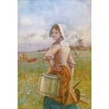 Arthur Foord Hughes (1896-1934) - Watercolour - Three quarter length portrait of a milkmaid with