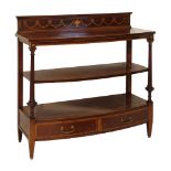 Sheraton Revival inlaid and crossbanded mahogany three tier buffet, raised back with ribbon and swag