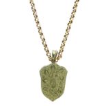 Guard chain, tagged '9c', of round belcher links to a swivel clasp, 148cm long; with a locket