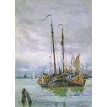 George Straton Ferrier (1852-1912) - Watercolour - Dutch harbour scene with barges, signed and dated