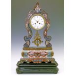 19th Century French ebonised and boulle inlaid cased portico mantel clock, the white enamel dial