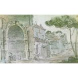 Thomas Webster (1800-1886) - Pencil and bodycolour - Classical Roman arch with figures, 5cm x 14.5cm