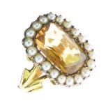 Victorian citrine and split pearl ring, the rectangular cut stone enclosed by twenty small pearls,