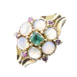 Victorian opal, ruby and emerald ring; the six round cabochon opals with an emerald to the centre