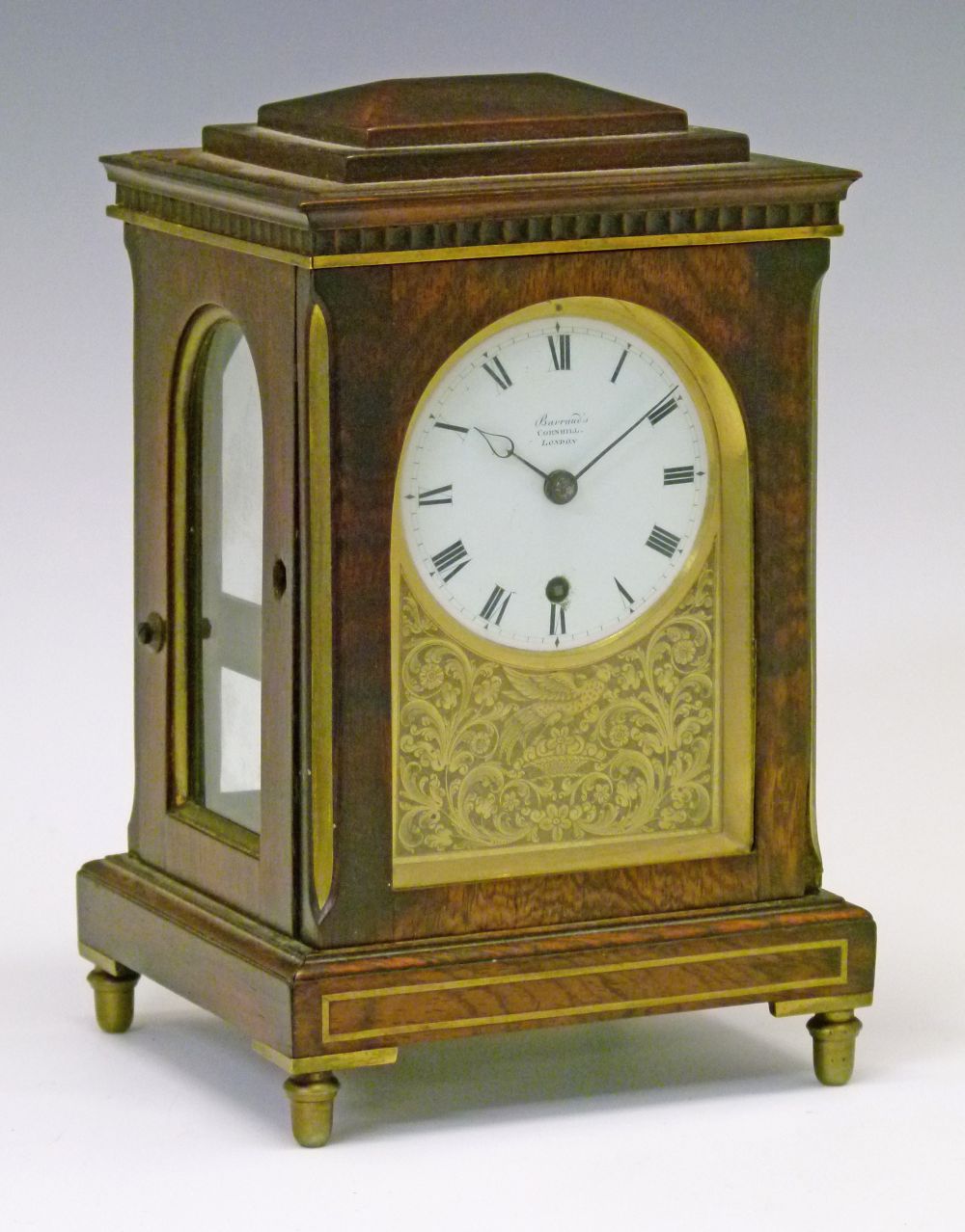 Regency brass inlaid rosewood cased single fusee mantel clock by Barraud of London, the case with