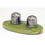 George V green onyx oval inkstand having two silver dome shaped inkwells, makers Wilmot