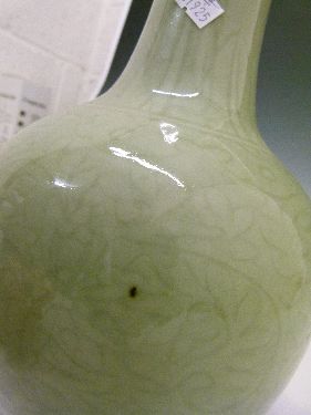 Chinese celadon glazed ovoid vase having a slender tapered neck and with allover foliate scroll - Image 4 of 6