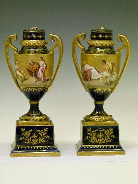 Pair of late 19th Century Vienna style porcelain two handled urn shaped vases, each having painted - Image 3 of 7