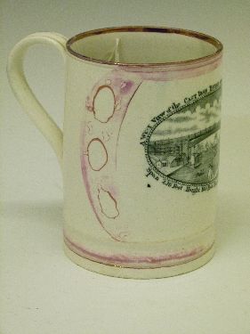 19th Century mottled pink lustre glazed pottery mug having black transfer printed decoration - Image 2 of 6