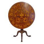 George III mahogany circular snap top supper table having later Dutch style marquetry decoration