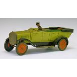 Bing clockwork tin plate Open Tourer, in lime green and black, driver with grey uniform, red