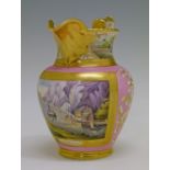 Ceramics - 19th Century English porcelain jug, circa 1825 having a painted reserve panel depicting