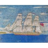 19th Century woolwork picture depicting a three masted sailing vessel, 31.5cm x 40cm  Condition: