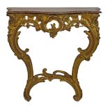 18th Century carved giltwood and gesso console table having a serpentine front marble top, decorated