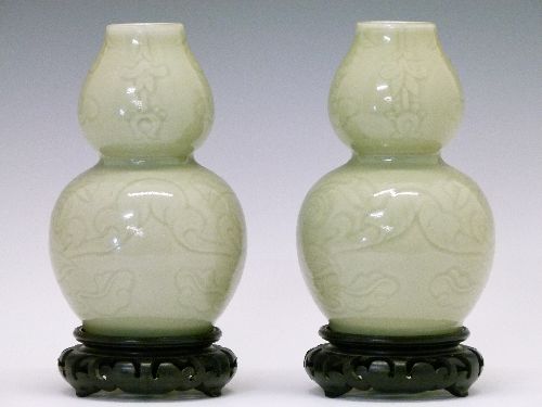 Pair of Chinese celadon glazed porcelain double gourd shaped vases, each having engraved foliate - Image 4 of 6