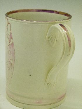 19th Century mottled pink lustre glazed pottery mug having black transfer printed decoration - Image 4 of 6