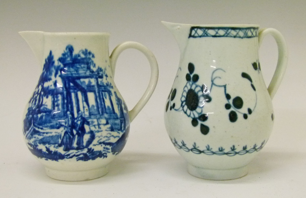 18th Century Worcester blue and white printed sparrow beak jug decorated with the Classical Ruins