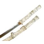 Japanese sword, the hilt and scabbard of carved bone decorated with deities, warriors and other