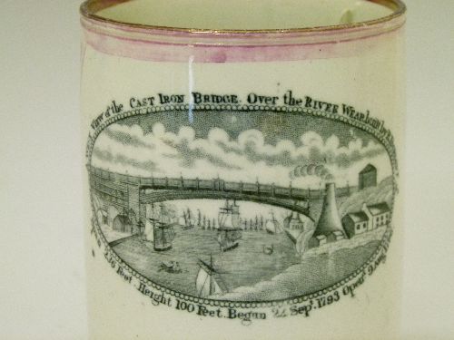 19th Century mottled pink lustre glazed pottery mug having black transfer printed decoration - Image 3 of 6