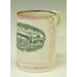 19th Century mottled pink lustre glazed pottery mug having black transfer printed decoration