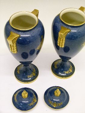 Pair of Royal Worcester urn shaped vases and covers by William Bee, each having a circular reserve - Image 4 of 8