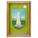 19th Century rectangular pottery tile plaque decorated with a shield showing a lighthouse with two