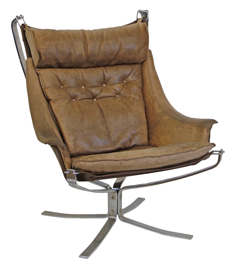 Modern Design - Sigurd Ressell - Falcon easy chair having a chrome frame and brown leather