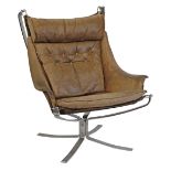 Modern Design - Sigurd Ressell - Falcon easy chair having a chrome frame and brown leather