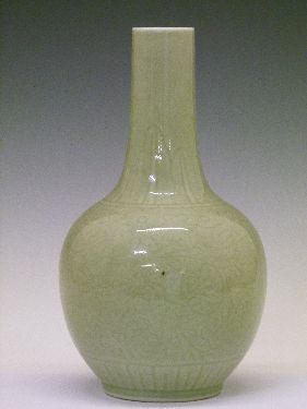 Chinese celadon glazed ovoid vase having a slender tapered neck and with allover foliate scroll - Image 3 of 6