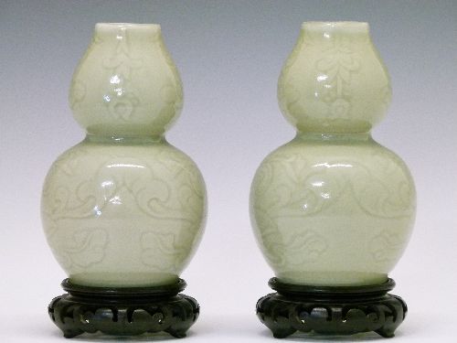 Pair of Chinese celadon glazed porcelain double gourd shaped vases, each having engraved foliate - Image 2 of 6