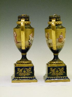 Pair of late 19th Century Vienna style porcelain two handled urn shaped vases, each having painted - Image 2 of 7