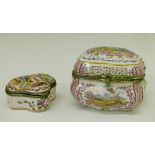Two Lille enamel boxes, each typically decorated with figures and birds in a landscape, 6cm and 8.