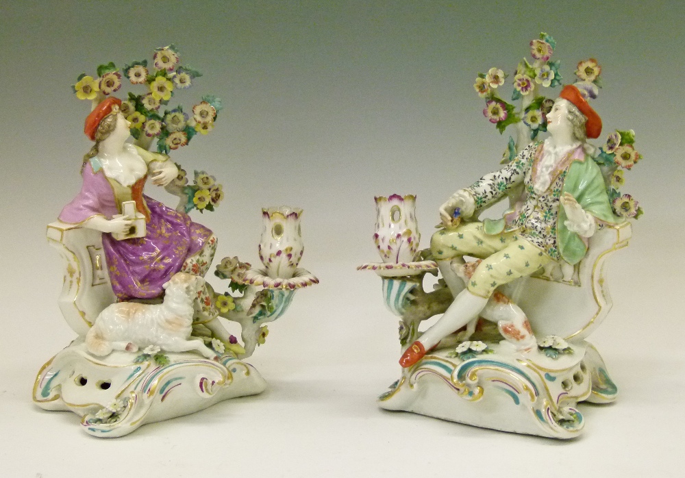 Pair of late 18th Century Derby porcelain figural candlesticks, formed as a lady and gentleman