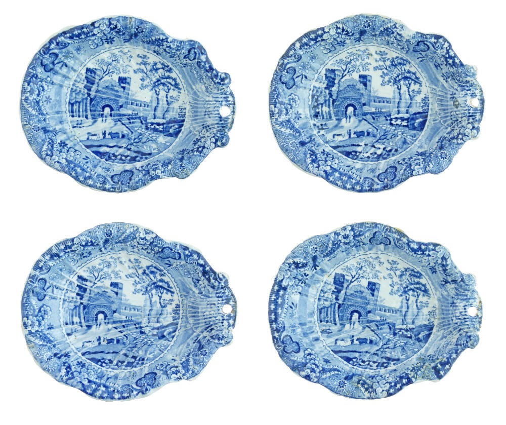 Four Baker, Bevans & Irwin Glamorgan Pottery blue and white transfer printed scallop shaped dishes