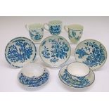 Three 18th Century Worcester blue and white transfer printed coffee cups and saucers decorated