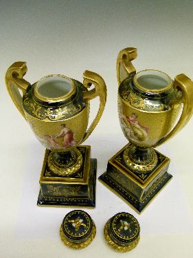 Pair of late 19th Century Vienna style porcelain two handled urn shaped vases, each having painted - Image 5 of 7