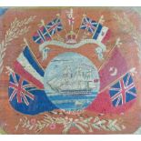 19th Century woolwork picture, the circular central reserve depicting H.M.S. Trafalgar, the red