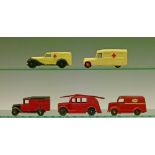 Dinky die-cast - Five various vehicles comprising: Streamline Fire Engine (25h), Ambulance (30f),