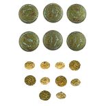 Set of six buttons, converted from Eastern gold coins; with a set of four slightly larger similar