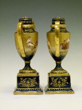 Pair of late 19th Century Vienna style porcelain two handled urn shaped vases, each having painted - Image 4 of 7