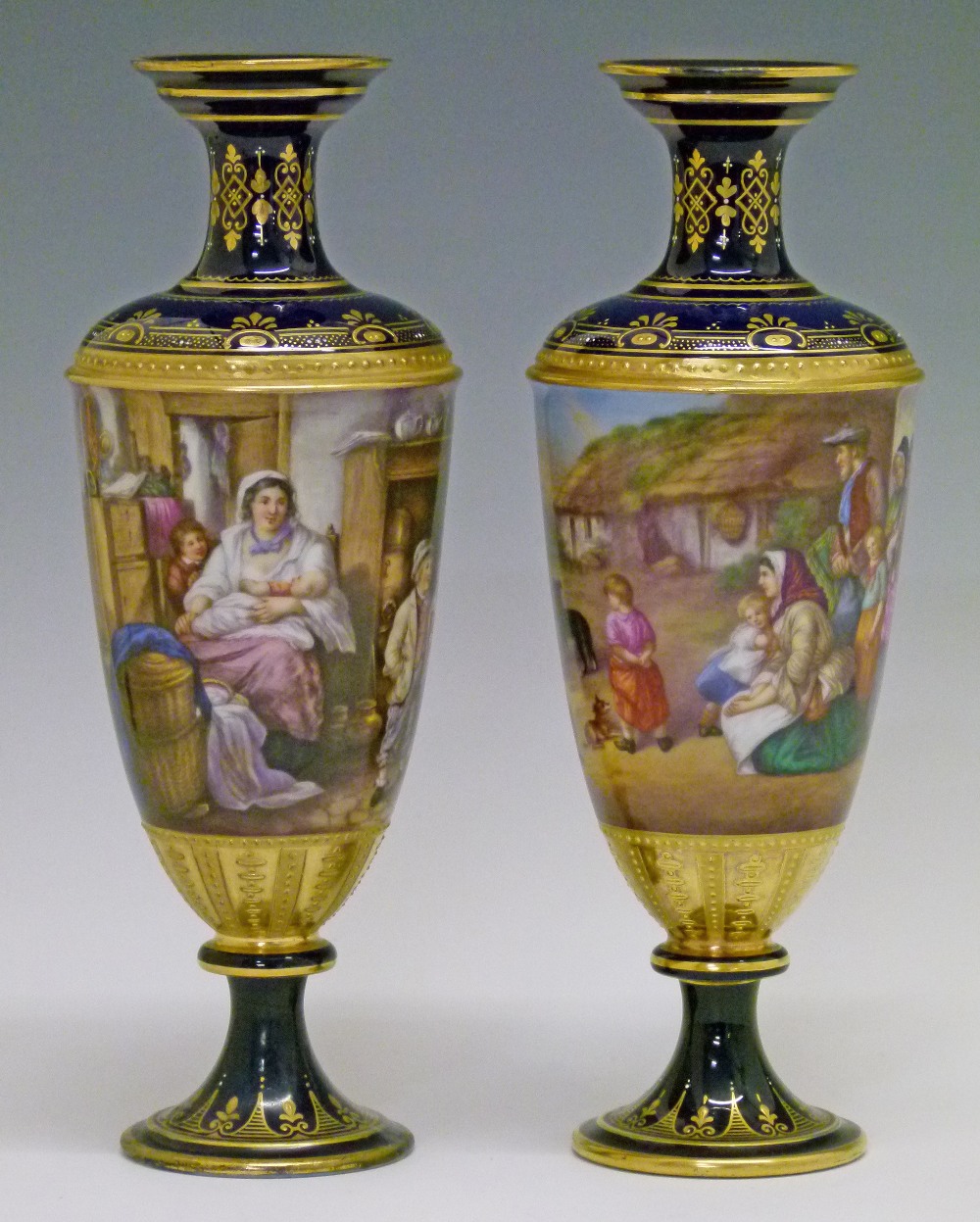 Pair of Franz Dörfl Vienna baluster vases, each having a central band with finely painted continuous