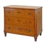 19th Century Continental inlaid walnut chest fitted three long drawers and standing on tapered