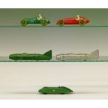 Dinky die-cast - Five various comprising: M.G. Record Car (23p), Thunderbolt Speed Car x 2 in