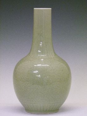 Chinese celadon glazed ovoid vase having a slender tapered neck and with allover foliate scroll - Image 2 of 6