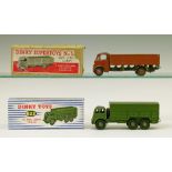 Dinky die-cast - Guy 4-Ton Lorry, brown (511) together with 10-Ton Army Truck (622), both boxed