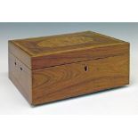 19th Century satinwood and rosewood work box, 30.75cm wide  Condition: Side handles missing, cover