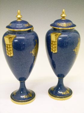 Pair of Royal Worcester urn shaped vases and covers by William Bee, each having a circular reserve - Image 3 of 8