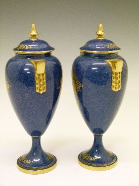 Pair of Royal Worcester urn shaped vases and covers by William Bee, each having a circular reserve - Image 2 of 8